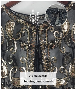 Detail of black mesh shawl with gold sequins, beads, and rear hook-and-eye closure