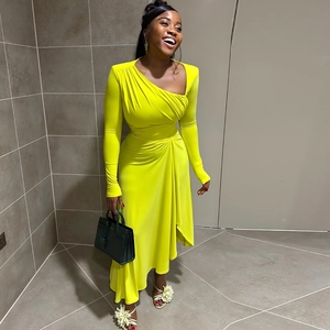 Elegant neon yellow slim fit long sleeve ruched asymmetric cocktail dress for women