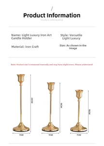 Detailed size comparison of three gold iron candle holders in 16cm, 19cm, and 22cm heights