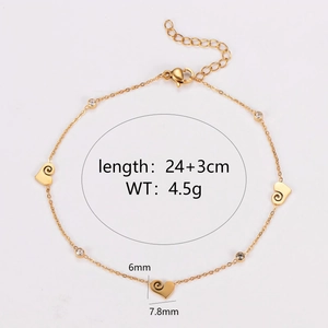 304 Stainless Steel Heart Charm Anklet Zircon Inlay 18K Gold Plated Adjustable Jewelry Women Simple Versatile Fashion