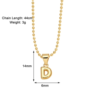 Detail view of gold letter D pendant necklace with 44cm chain length and 3g weight specs