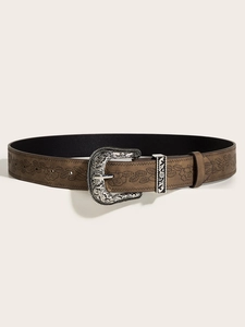 Brown western leather belt with floral embossing and carved silver metal buckle