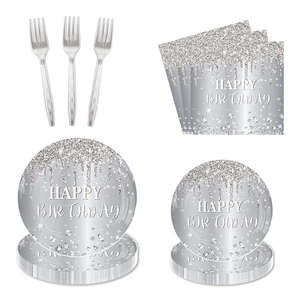 Happy Birthday Disposable Tableware Set Silver Glitter Diamond Theme Paper Plates Cups Napkins Tablecloth Decor