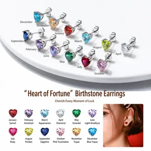 S925 sterling silver heart-shaped stud earrings set with 12 colorful birthstones