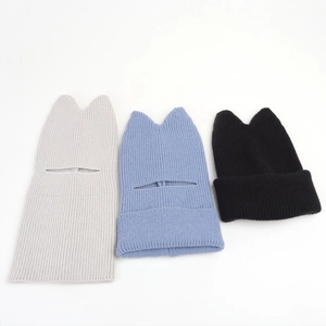 Winter knit cat ear balaclava hat with integrated neck warmer and face mask for kids
