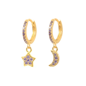 Detail of S925 sterling silver hoop earrings with purple zircon star and moon charms