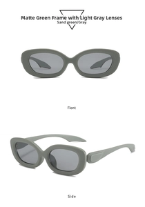 Front and side view of matte green oval sunglasses with light gray lenses in retro style