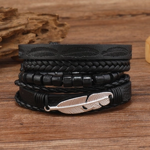 Men Multilayer Leather Bracelet Alloy Feather Pendant Vintage Braided Cord Wood Beads Punk Style Wristband Jewelry