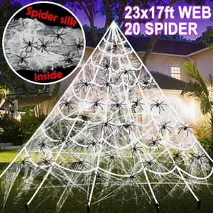 Giant 23x17ft Halloween white triangular spider web with twenty small black spiders set
