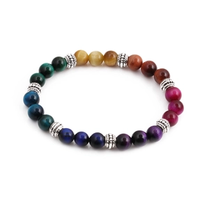 8mm colorful tiger eye stone beaded bracelet with vintage silver chakra spacer beads