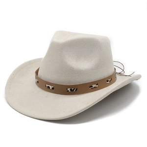 Detail of beige suede cowboy hat featuring a leopard print leather band and drawstring