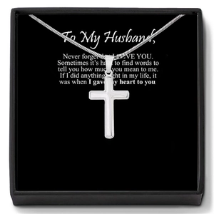 Men's silver cross necklace in black gift box with sentimental card for husband