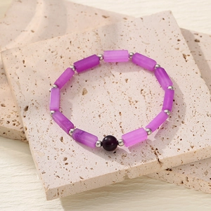 Natural Amethyst Bracelet Rectangle Bar Beads With Round Purple Stone Metal Spacers Simple Charm Fashion For Women