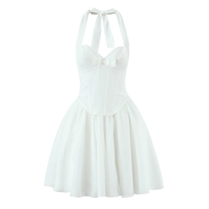 Elegantes weißes Corsagen-Neckholder-Minikleid mit Tüllrock und Schleife für Partys