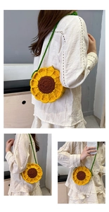Detail of sunflower crochet crossbody bag with green strap and elegant pearl button closure