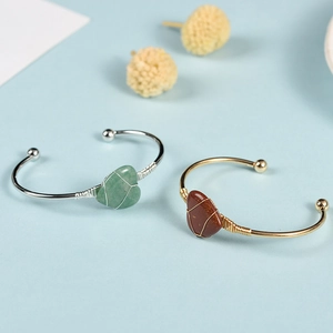 Heart Shape Natural Crystal Gemstone Open Cuff Bracelet Handmade Wire Wrapped Adjustable Jewelry Gift For Women