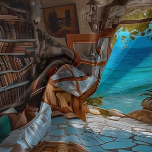 Detail of silk texture tapestry featuring a creative library and ocean beach print design