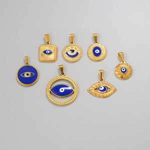 Various gold stainless steel evil eye pendants in round and square shapes for DIY jewelry