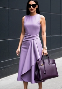 Detail of purple sleeveless dress featuring crossed waist design and elegant draping style