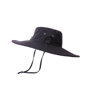 Wide brim black sun hat for hiking with windproof chin strap and side buttons