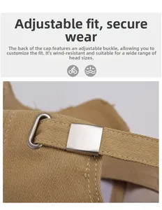 Detail of adjustable metal buckle and strap on khaki cotton baseball cap for custom fit