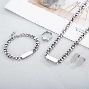 Silver stainless steel Cuban chain jewelry set with blank rectangular charms