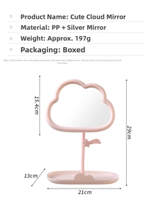 Cloud-shaped makeup mirror with PP plastic frame, silver mirror glass, and storage tray