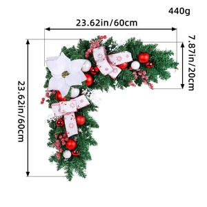 Christmas door corner rattan garland with red berries and balls on white background
