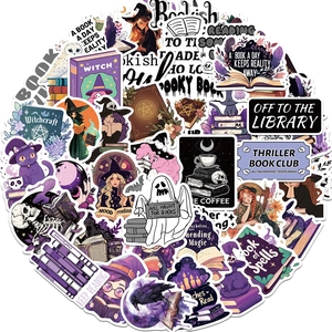 Flat lay of gothic witchy bookish stickers featuring magic themes and purple hues