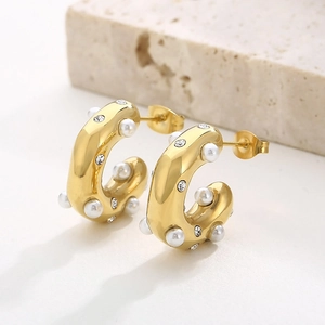 C-Shape Hoop Earrings 18K Gold Plated Stainless Steel With Artificial Pearl And Zircon Geometric Retro INS Style For Women
