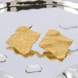 Textured gold square titanium steel earrings with a wave pattern and matte finish