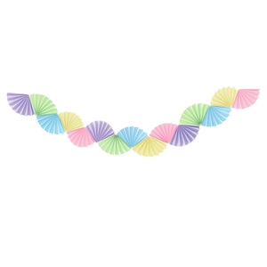 Colorful accordion paper fan bunting garland with pastel pink, yellow, and blue pleats