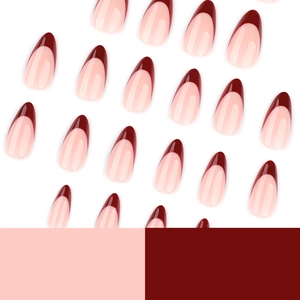 French almond press-on nails in burgundy and pale pink with a high-gloss finish