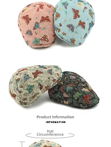 Detailed fabric texture and jacquard butterfly pattern of retro beret hats in four colors
