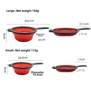 Collapsible silicone strainer set showing large and small sizes in folded and open states