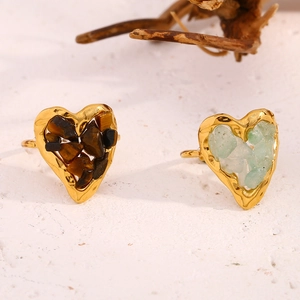 Retro 18K gold plated stainless steel heart open ring with tiger eye stone inlay