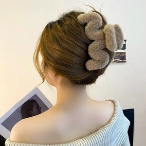 Large 14cm plush S-curve hair claw in khaki faux rabbit fur for thick hair