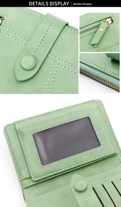 Detailed interior of light green PU leather tri-fold wallet showing card slots and zipper