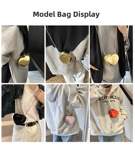 Multiple views of mini heart-shaped patent leather crossbody bags with metal chains