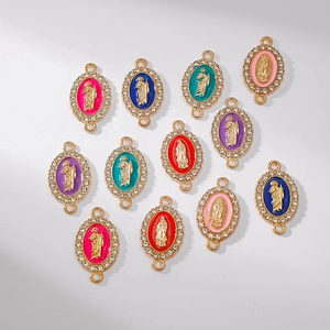 Oval Virgin Mary pendants in KC gold with colorful enamel and sparkling rhinestones