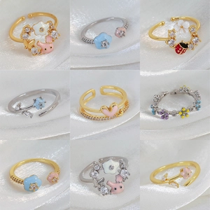 Copper Open Ring Adjustable Zircon Enamel Flower Heart Rabbit Ladybug Sweet Fashion Jewelry For Women