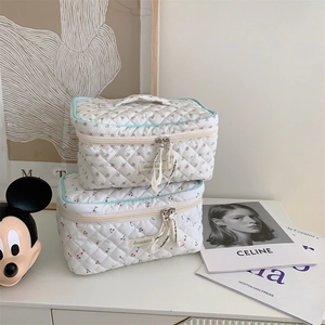 Detail of quilted cotton cosmetic bags with floral and cherry prints and ribbon zippers