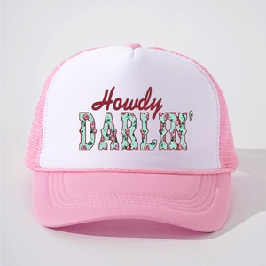 Detail of Howdy DARLIN' print on pink and white vintage foam mesh trucker hat