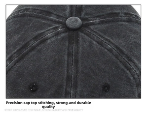 Detailed top view of a washed denim baseball cap with reinforced stitching and paneling