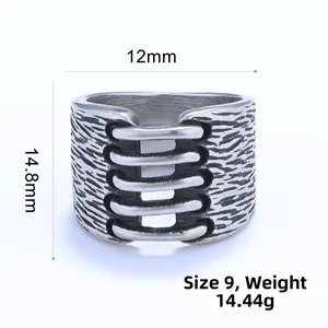 Detail view of vintage distressed stainless steel wide ring with size and weight specs