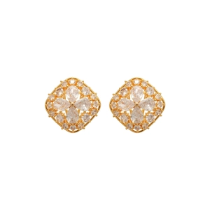 Elegant gold plated square floral stud earrings with clear zircon stones on white background