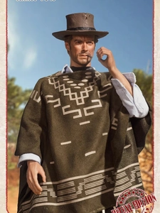 Detailed view of a Western style brown tassel poncho with geometric patterns on a male figure