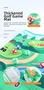 Detalle del tapete de golf grueso con escena de bosque y base antideslizante texturizada
