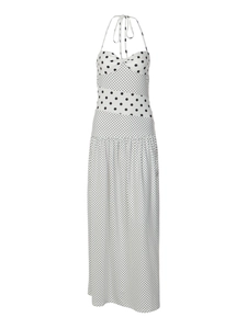 Abito lungo a pois bianco e nero con scollo all'americana e design plissettato