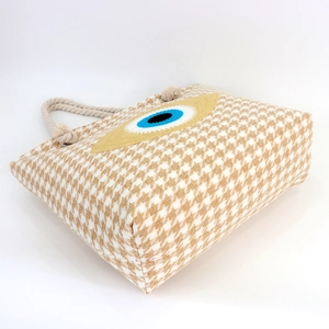 Exotic Evil Eye beach tote with houndstooth pattern and woven rope handles